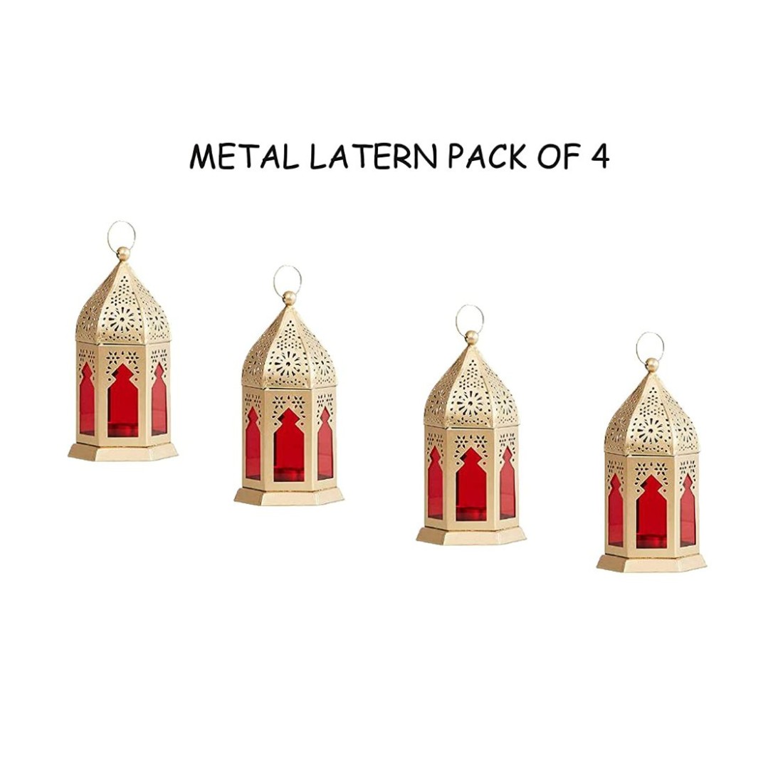 Metal Decorative Hanging Lantern Lamps Tealight Holder (Golden-RED) Pack of 4 2