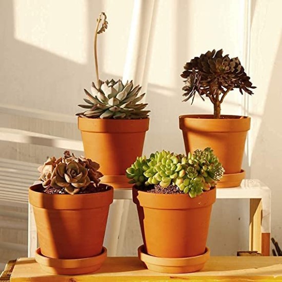 Terracotta Pots/ planters with Saucer / Terracotta Pot for Indoor Outdoor Plant ( Pack of 4 pots and 4 Saucer) Size 5 inches 1