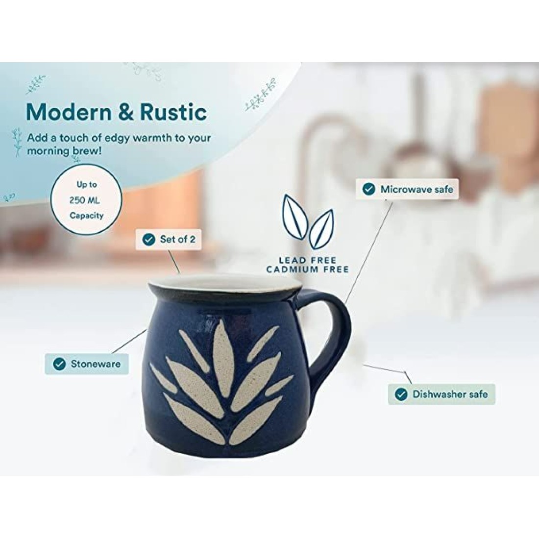 Tillage-Exclusive Stoneware Leaf Printed Espresso Cup Handmade Ceramic Mugs for Milk/Tea/Green Tea and Coffee,( Set of 2) Capacity 250ml 2