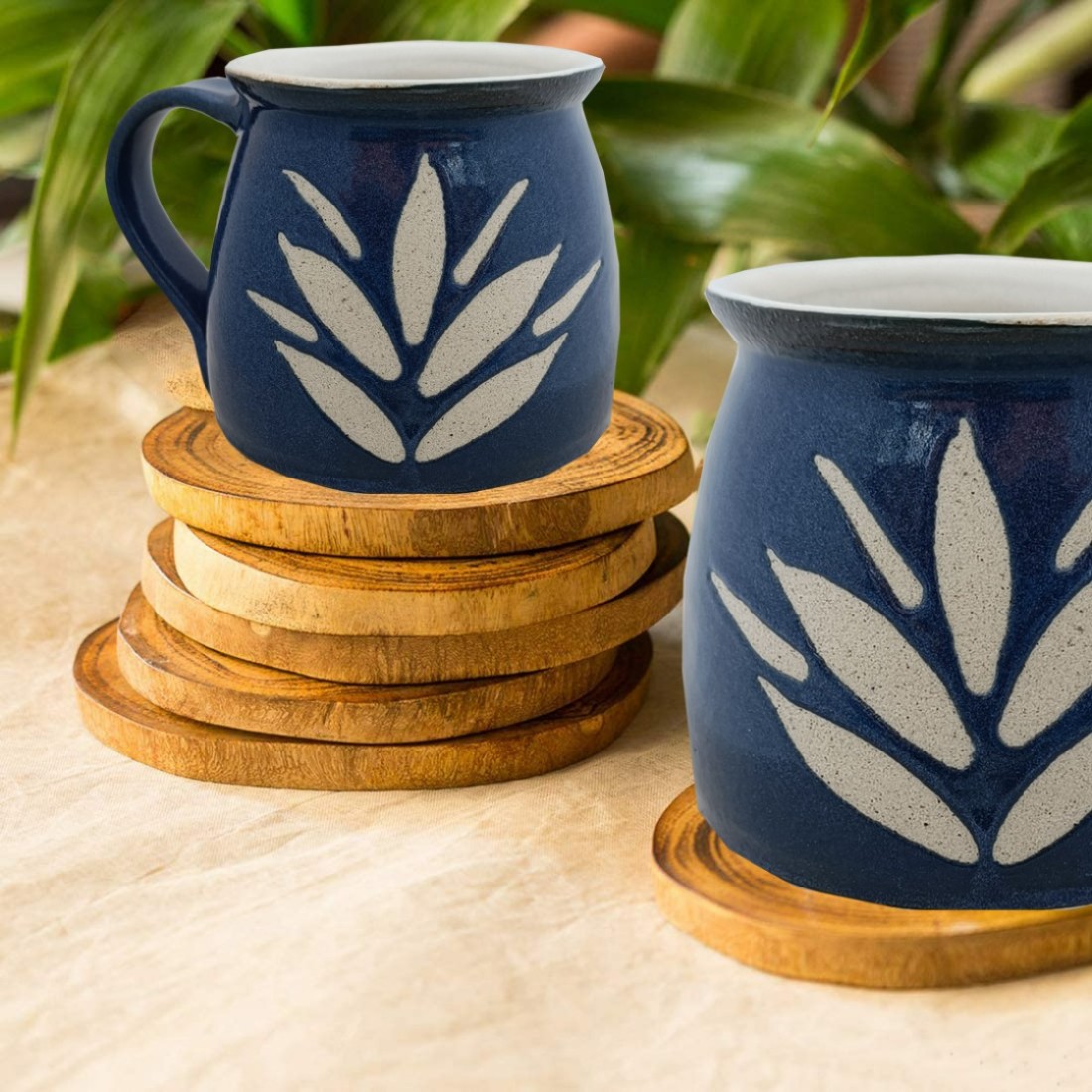 Tillage-Exclusive Stoneware Leaf Printed Espresso Cup Handmade Ceramic Mugs for Milk/Tea/Green Tea and Coffee,( Set of 2) Capacity 250ml 1